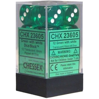 Chessex D6 Translucent 16mm d6 Green/white Dice Block (12 dice)