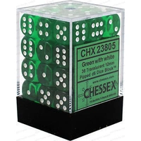 D6 Dice Translucent 12mm Green/White (36 Dice in Display)