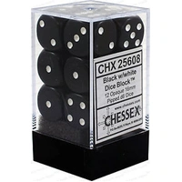 D6 Dice Opaque 16mm Black/White (12 Dice in Display)