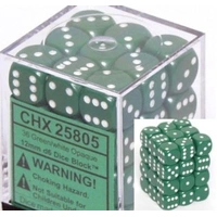 D6 Dice Opaque 12mm Green/White (36 Dice in Display)