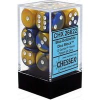 D6 Dice Gemini 16mm Blue-Gold/White (12 Dice in Display)