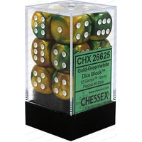 Chessex D6 Gemini 16mm d6 Gold-Green/white Dice Block (12 dice)