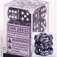 Chessex D6 Gemini 16mm d6 Purple-Steel/white Dice Block (12 dice)