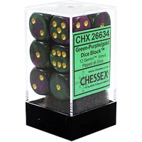 Chessex D6 Gemini 16mm d6 Green-Purple/gold Dice Block (12 dice)