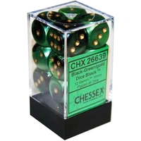 Chessex D6 Gemini 16mm d6 Black-Green/gold Dice Block (12 dice)