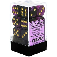 Chessex D6 Gemini 16mm d6 Black-Purple/gold Dice Block (12 dice)