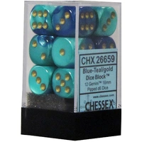 D6 Dice Gemini 16mm Blue-Teal/Gold (12 Dice in Display)