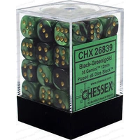 D6 Dice Gemini 12mm Black-Green/Gold (36 Dice in Display)