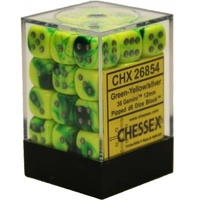 D6 Dice Gemini 12mm Green-Yellow/Silver (36 Dice in Display)