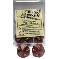 Chessex D10 Dice Glitter Ruby/gold Set of Ten d10s