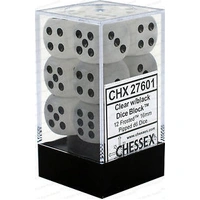 D6 Dice Frosted 16mm Clear/Black (12 Dice in Display)