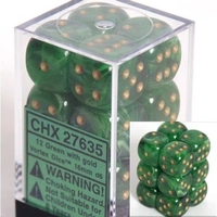 Chessex D6 Vortex 16mm d6 Green/gold Dice Block (12 dice)