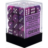 D6 Dice Festive 12mm Violet/White (36 Dice in Display)