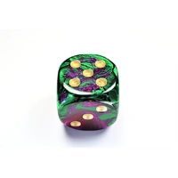 Chessex D6 DiceGemini 50mm w/pips Green-Purple/gold d6